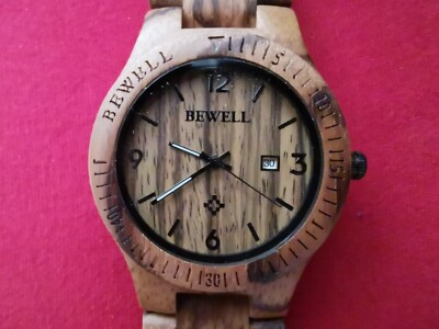 Bewell Holzuhr Datum Zebrano Holz 42mm A-Ware Top Geschenk Herrenuhr Damenuhr