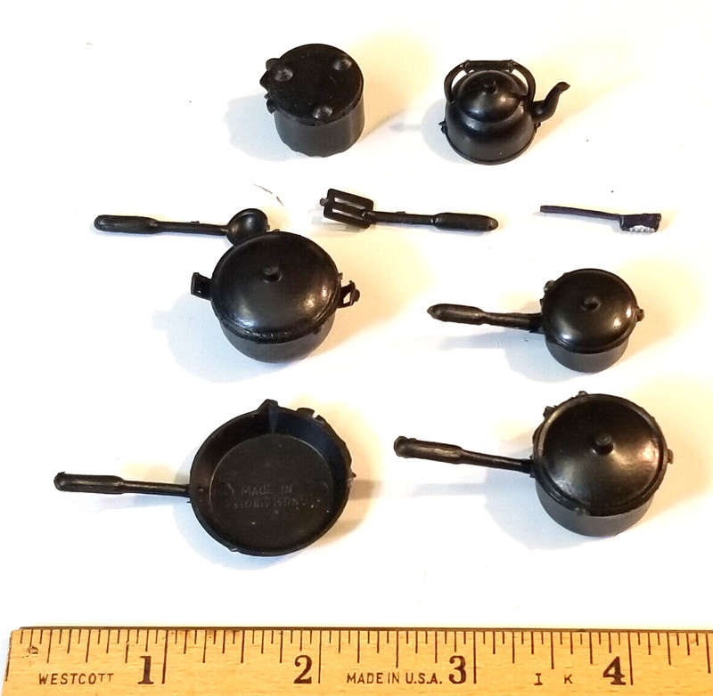 Vintage dollhouse stove top plastic "iron" ware, 9 utensils in 12 pieces