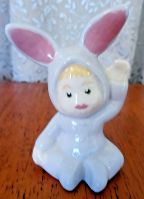 Baby In Bunny Pajamas Vintage Ceramic Kitschy Easter Bunny Child Figurine Signed