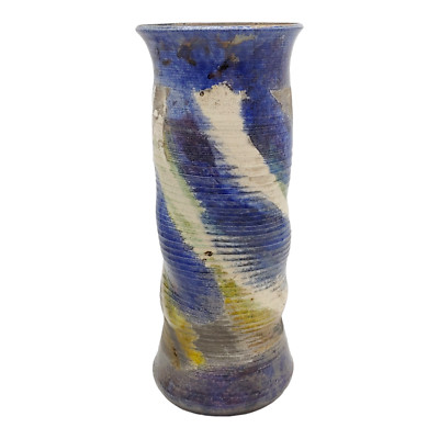 Handmade Signed Raku Pottery Vase - 10'' Tall vtg 1990s Blue Gray White Striped