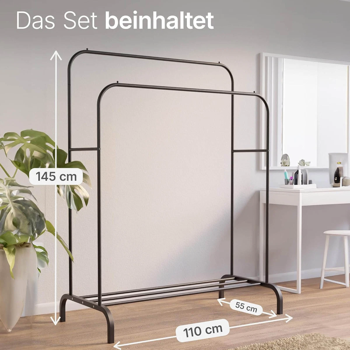 Metall Kleiderständer 145x110x55 cm Schwarz mit 2 Kleiderstangen 40 kg Traglast