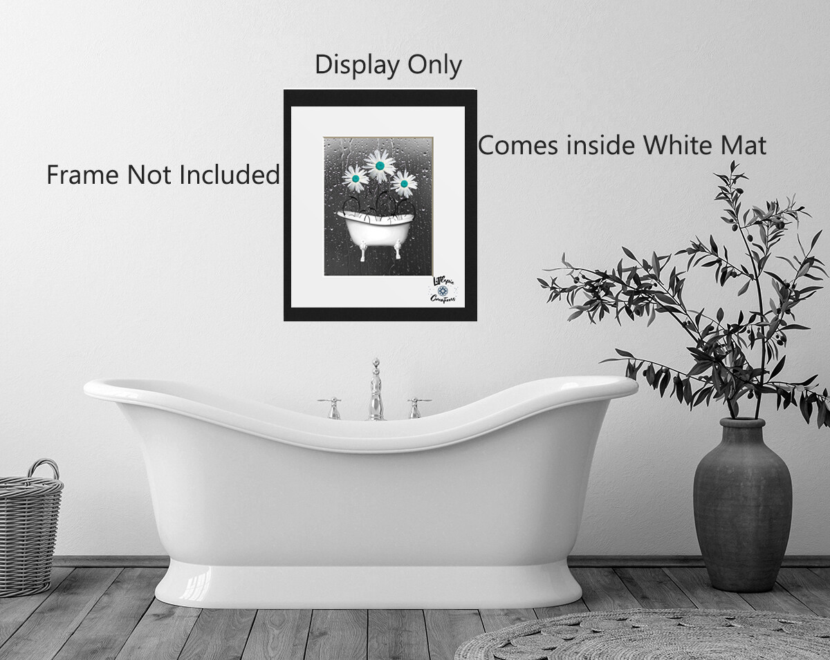 Teal Bathroom Daisy Flowers Raindrops Handmade Matted Handmade Teal