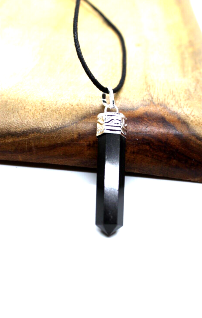 Black Tourmaline Necklace Pendant 6 Sided Point Cord Protective Crystal Stone