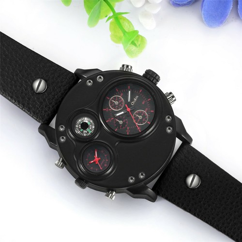 Herren Sport Zwei Zeitzonen Uhr Rund Großes Zifferblatt Lederband Quarz Armbanduhr - Bild 18 von 20