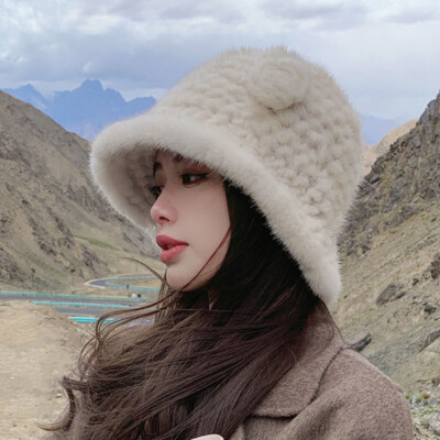 Women Winter Luxury Mink Fur Fisherman Hats Flower Knitted