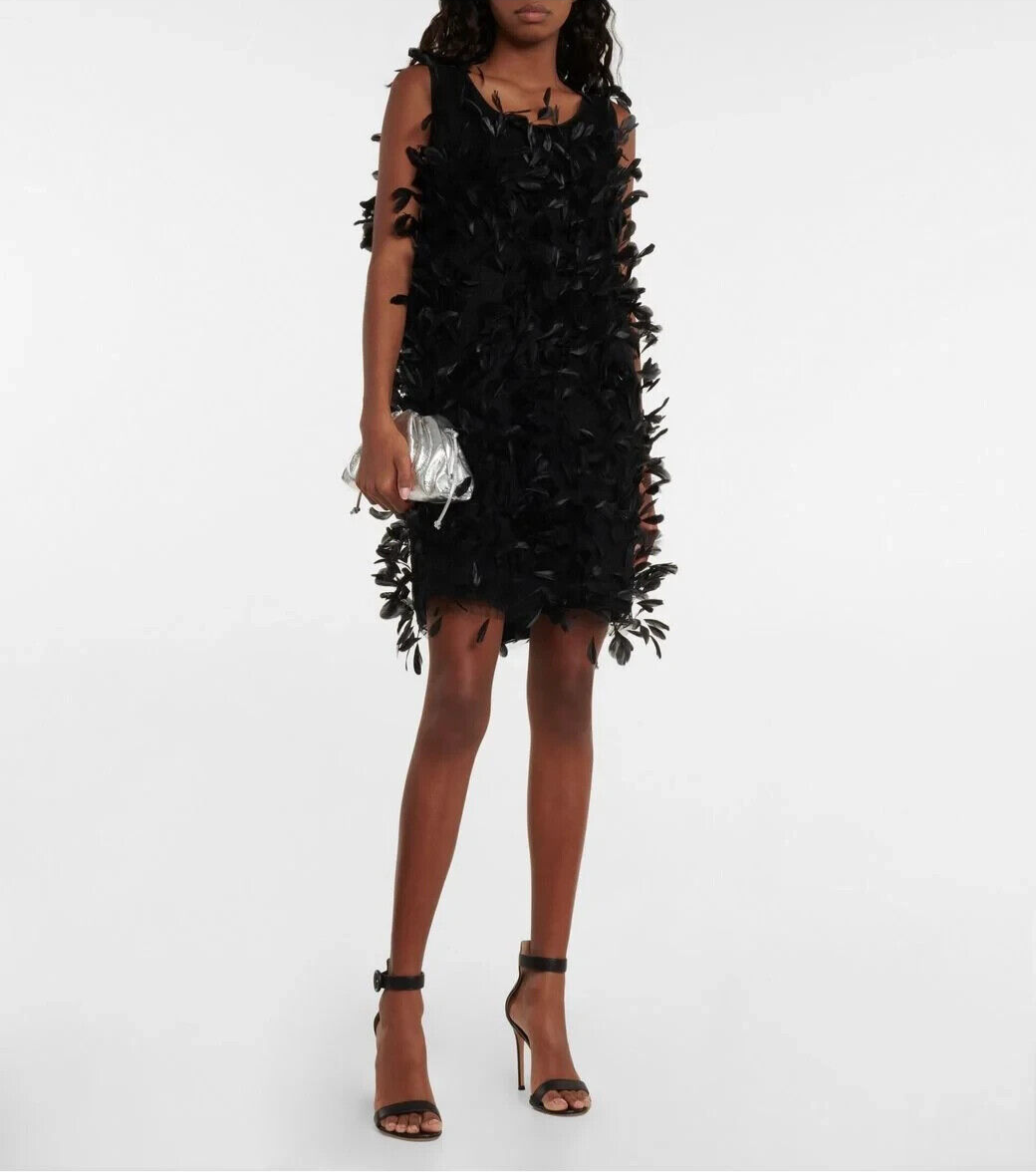 Max Mara Priamo Black Sleeveless Feather Mini Dress VIP UK 10 EU