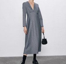 Zara A-line Maxi Dress Women S NWT Long Sleeve V-neck Cotton Blend Zip Closure
