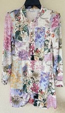 Zara Floral Patchwork Button Up Mini Dress M Linen Vacation Resort Tea Garden