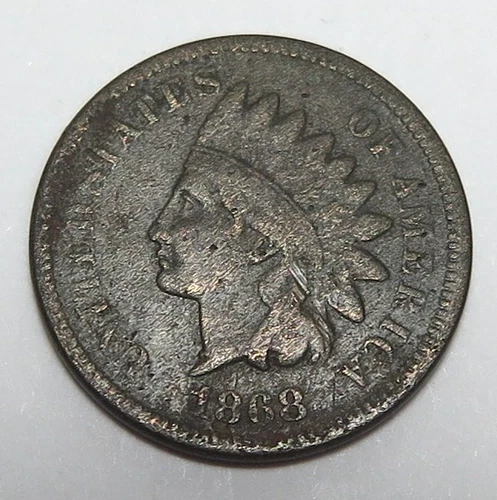 1868 Indian Head Cent grades Very Good Details  Very Grainy Surfaces