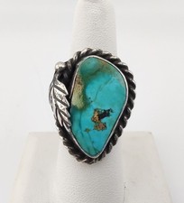 Old Vtg Navajo Handmade Sterl Silver Natural Turquoise Stamped Ring Sz 8