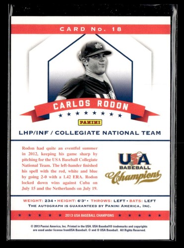 Campeones de béisbol de Estados Unidos 2013 #18 equipo Carlos Rodon firmas certificadas #/299 - Imagen 2 de 2