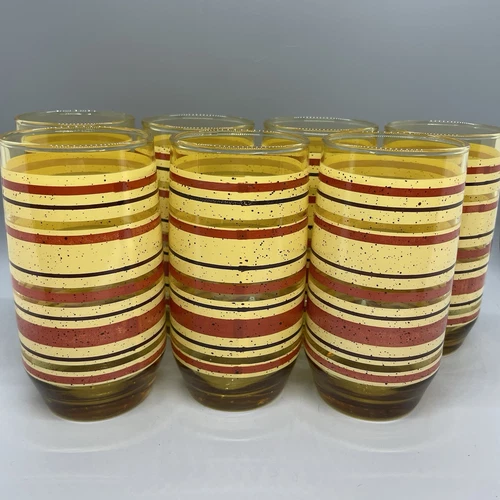 7 Vintage 70s Anchor Hocking Striped Amber Glass Drinking Tumblers 5” MCM Retro