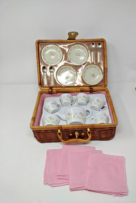 Porcelain Children's Pretend Play Tea Set with Plates, Cups, Teapot & Basket