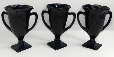 LE Smith Vase Vintage Black Amethyst Glass Trophy Vase Dancing Nymphs Set Of 3