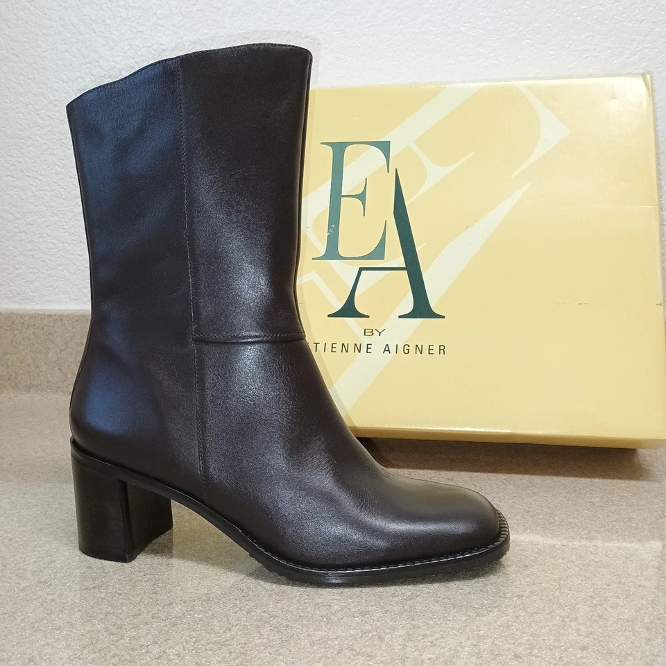 NUEVO CON ETIQUETAS Etienne Aigner Gilmore Botas Altas de Cuero 9 Marrón Cremallera Brasil Tacones Pat de Pisada Foto 2 de 4