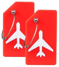 USA Silicone Luggage Tags (Red, 2 Pack) with Plane Embedded Design & Name ID Car