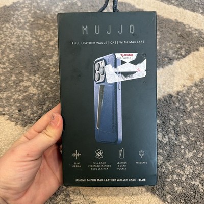 Mujjo iPhone Case 14 Pro Max Blue Leather Phone Wallet Case MagSafe Compatable