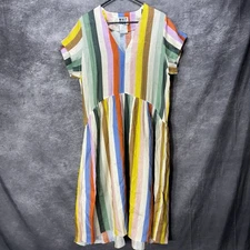 Whit Two Anthropologie Striped Linen Midi Dress Size M Colorful Boho Rainbow