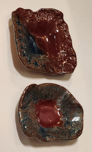 Studio Pottery Bowl Set of 2 Signed PF Red Blue Drip Glaze Trinket Dish Handmade
