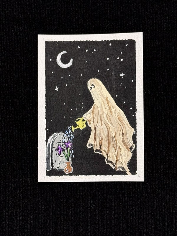 ACEO Original Art - Ghost, Moon, Stars, Dark Art - Acrylic - 2.5x3.5 by M.A.R