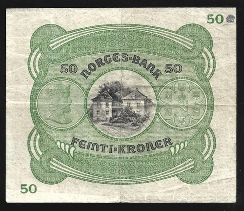 World Paper Money - Norway 50 Kroner 1941 P9d @ Fine W/Small Tear Tough Date - Picture 2 of 2