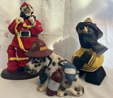 Fire fighter themed resin animal figurines, 2 dalmatians and a bear, 6 to 8 inch