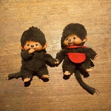 Monchhichi Sekiguchi 2 Piece Lot Plush Doll Vintage Toy Red Bib, AS IS