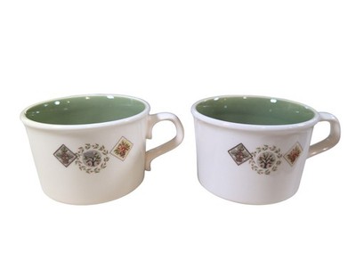 1960's Taylor Smith & Taylor Brocatelle Coffee Cup Tea Mugs Cream/Green 