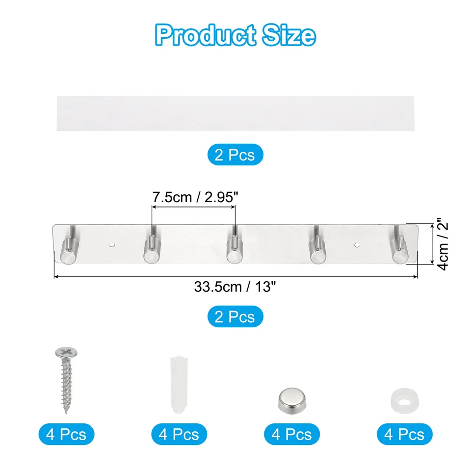 2 Pcs 13" 304 Stainless Steel Coat Rack Wall Mount with 5 Hanging Hooks, Silver - Image 2 of 4