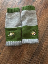 Adult Knit Fingerless Gloves Embroidered Birds Green Gray Wrist Warmers