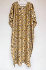 Gold Color Cotton Caftan Leaves Pattern Nighty Kaftan Dress Loungewear JP6006