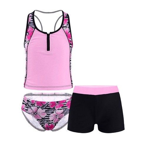 Girls 3Pcs Swimsuit Rash Guard Triangle Bikinis Tankini Sets with Swim Boyshorts - Picture 7 of 36