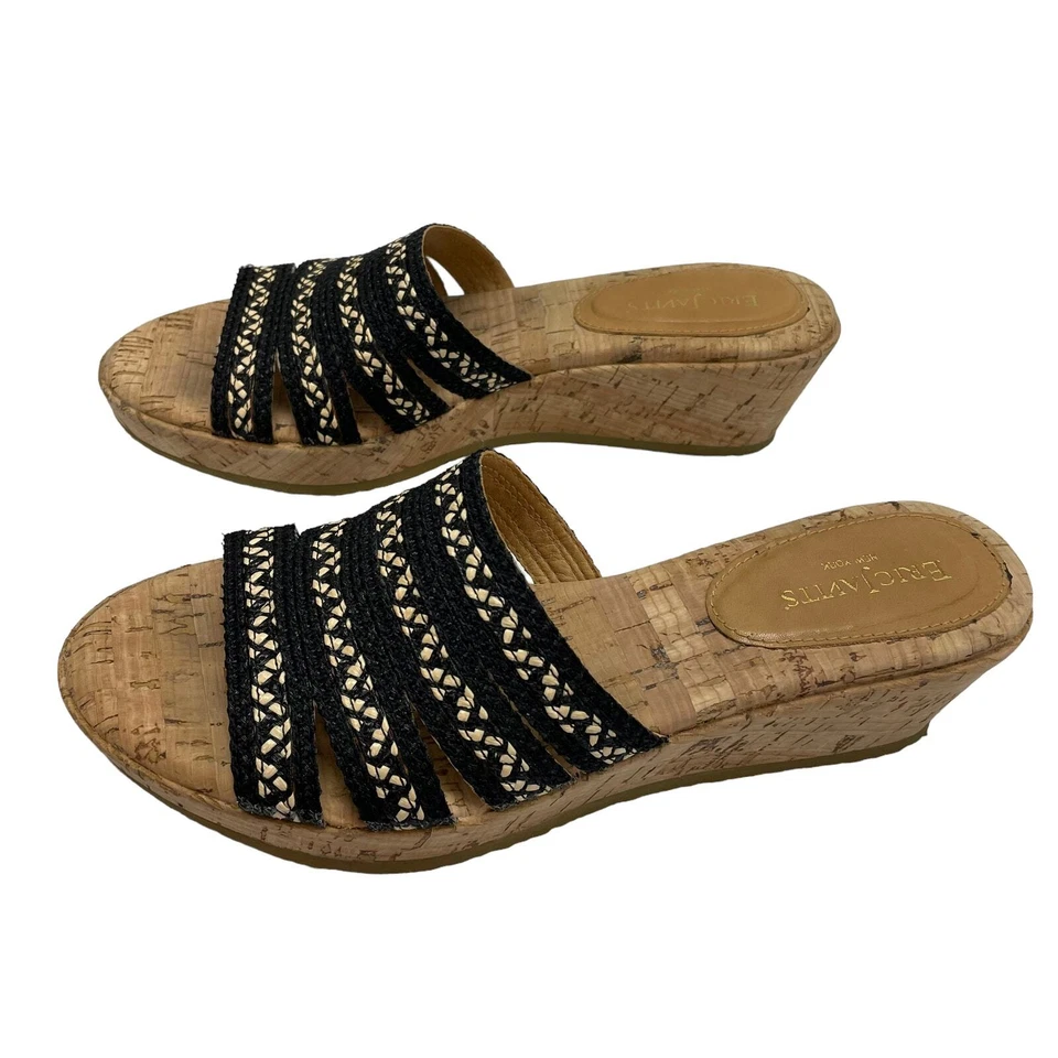 Eric Javits Rafia Slide Cuero Negro Trenzado Sin Cordones Cuña Mujer 8 Estrecha Foto 2 de 4