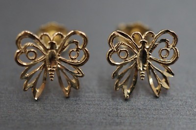 Beautiful 14K Solid Yellow Gold D-Cut Butterfly Stud Earrings.