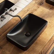 19” x 12” Matte Black Drop-In Bathroom Sink, Semi-Recessed Ceramic Sink & Drain