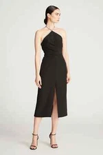 $595 HALSTON Piper Crystal Trim Black Stretch Crepe Midi Halter Sheath Dress 14
