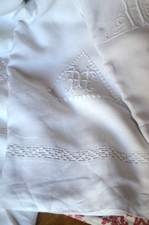 antique French embroidered pure linen sheet,  Art Nouveau white work lozenge