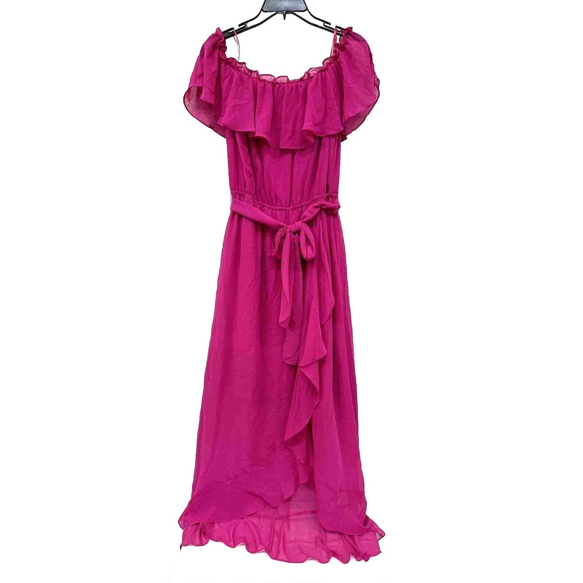 NWT S 8 SLNY Chiffon Belted Long Wrap Off Shoulder Maxi Dress. Pink Hi/Low  Hem