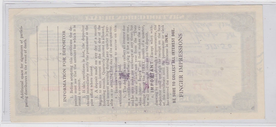 $500.00  SERIES OF 1939 POSTAL SAVINGS SYSTEM CERTIFICATE PAID LAWRENC MA  12114 - Image 2 of 2