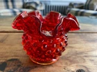 Vintage FENTON Fluted Ruby RED 4” Votive Bowl Vase Hobnail GLASS ART Ruffled