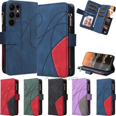 For Samsung S25 S24 S23 S22 S21 S20 Zipper Wallet Card Holder Leather Case Cover