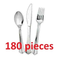 180 PACK REUSABLE SILVER PLASTIC METALLIC CUTLERY SET PARTY FORKS SPOONS