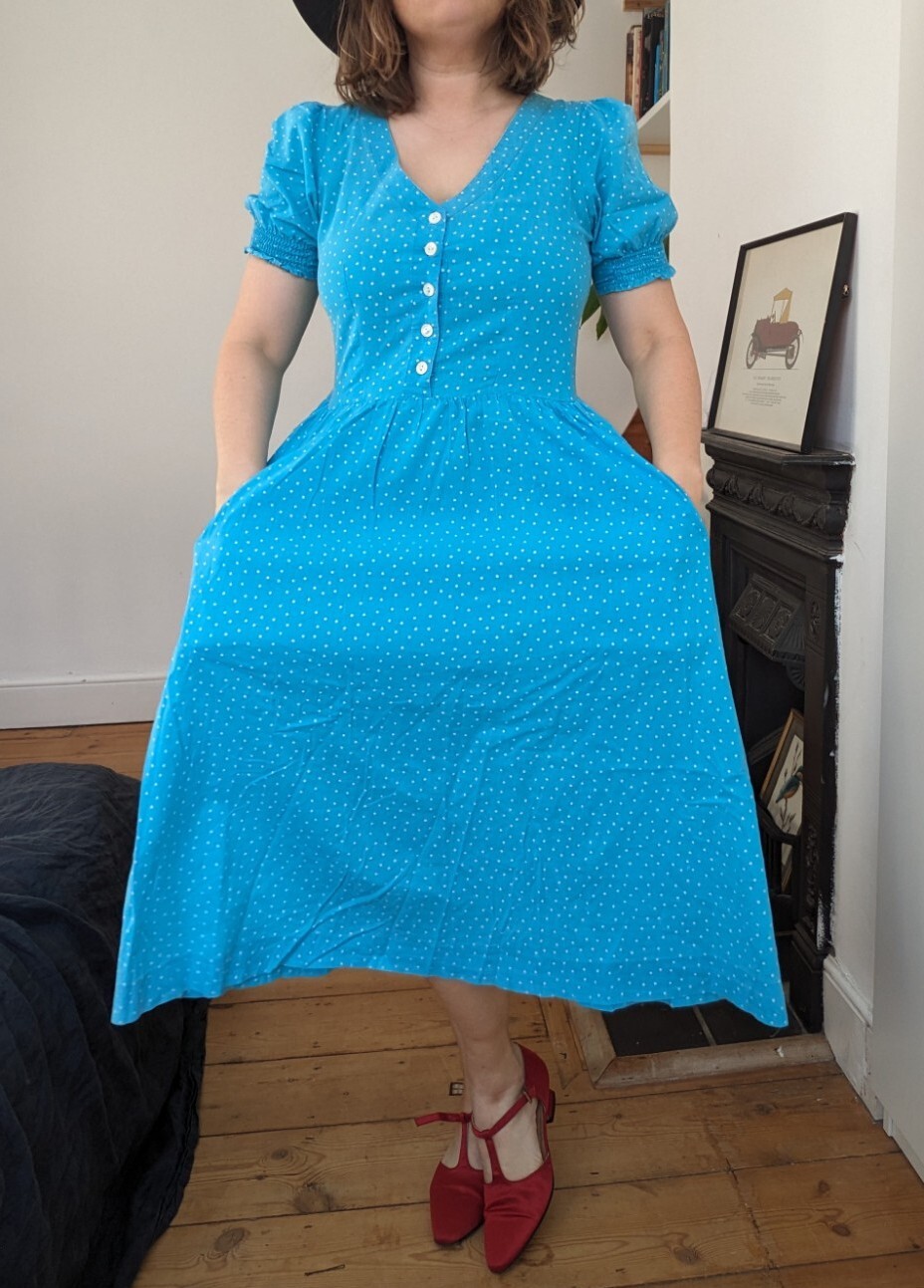 Vintage Laura Ashley Blue Buttoned Stars Tea Dress Si… Gem