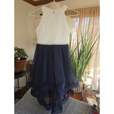 SPEECHLESS - Girls White Lace Beaded Navy Tulle Flower Girl Dress - Size 7