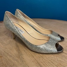 Jimmy Choo Isabel Kitten Heel Pump Silver Sparkle Peep Toe Size 39.5 Women s 9.5