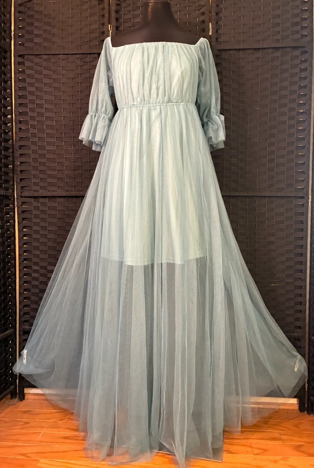 Ever Pretty VESTIDO LARGO DE TUL AZUL CIAN XL Vestido Alto de Malla Bridgerton FairyCore Foto 4 de 4