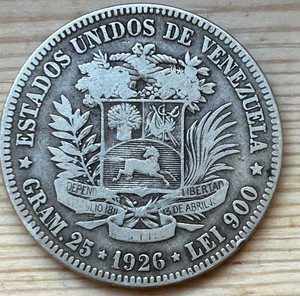 SILVER  5 BOLIVARES VENEZUELA 1926