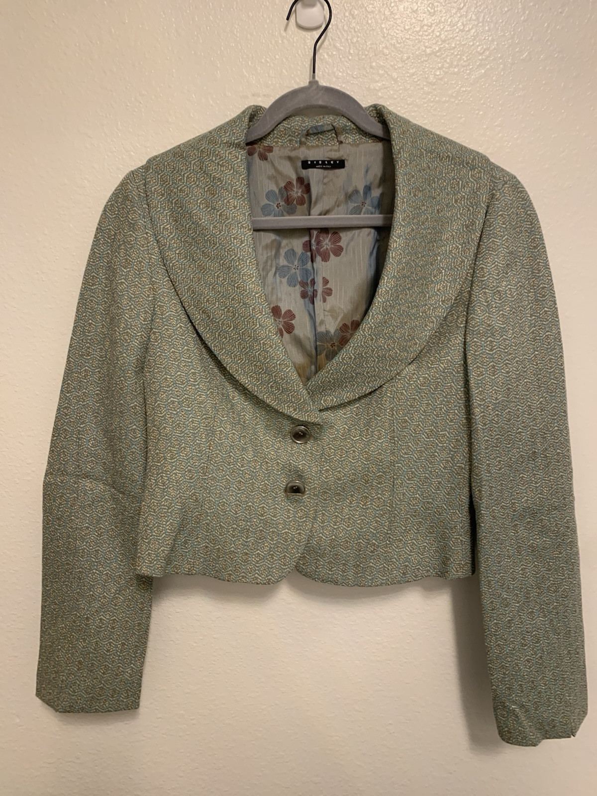 VTG Sisley Made In Italy Women’s  Crop Blazer Floral Liner Green Geometric  M(8) image 2