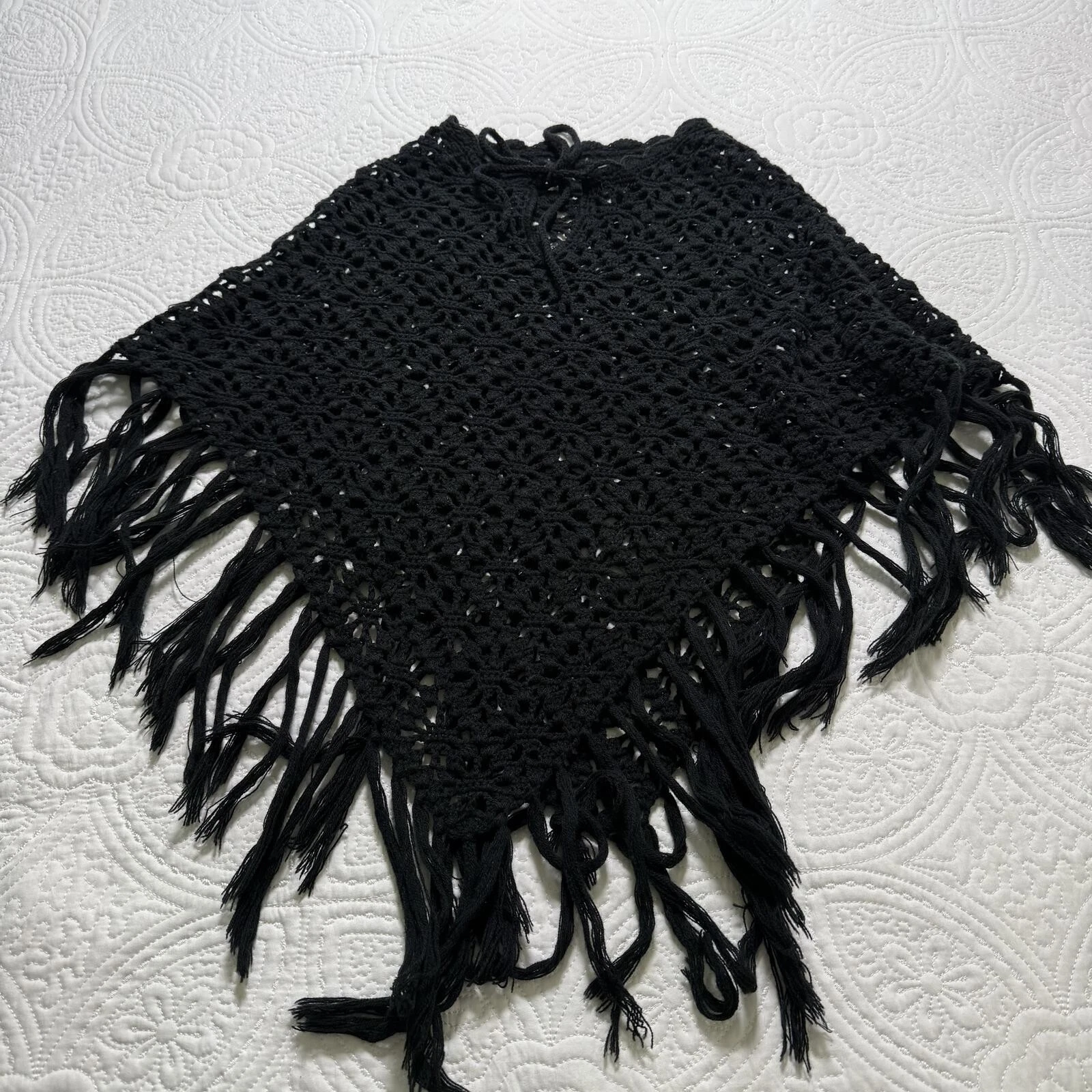 BOHO Black Crocheted Flowered Tie Front Poncho. One size, Festival, Hippie Goth