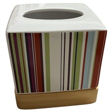 TISSUE BOX COVER CERAMIC MULTICOLORED VERTICAL STRIPES CONTEMPORARY WOOD BASE